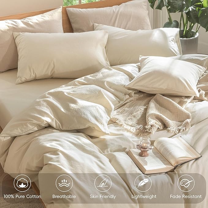 MooMee Bedding Duvet Cover Set 100% Washed Cotton Linen Like Textured Breathable Durable Soft Comfy (Heathered Almond Milk Grey, Oversized King Plus 128"x120")