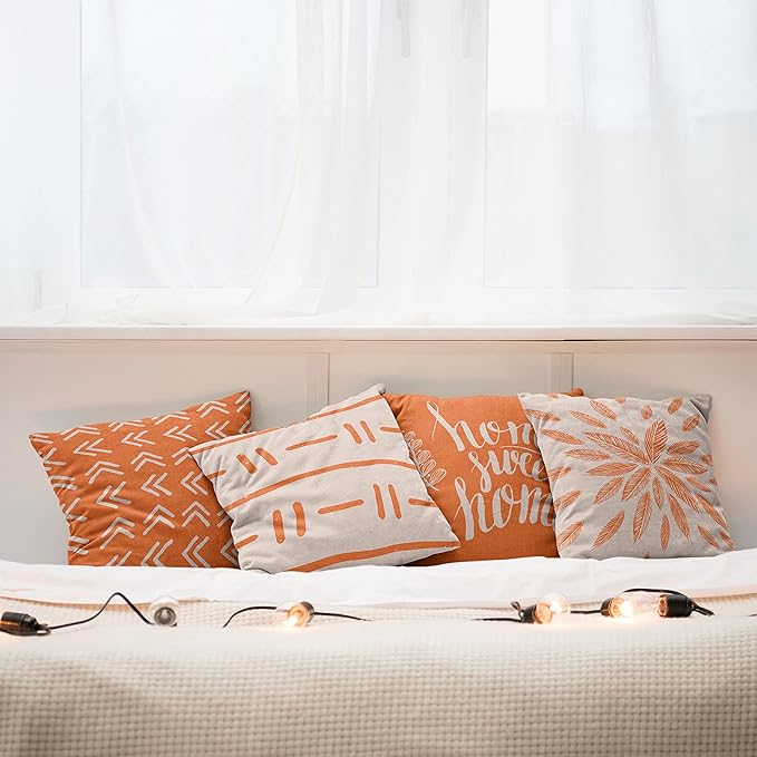 Ambesonne Modern Throw Pillow Cushion Case Pack of 4, Scandinavian Minimal Ornaments Boho Feather Leaves and Home Phrase, Modern Accent Double-Sided Digital Printing, 20", Pale Tan and Burnt Orange
