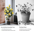 Artificial Camellia Tree 2 Pack, Artificial Plants Outdoor Faux Plant in Cement Pot Fake Yellow Silk Camellia Tree Plants for Home House Living Room Office Decor (Yellow (2 Pack))