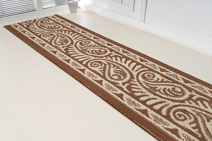Custom Length Cut to Size Tribal Ethnic Southwestern Inspired Hallway Runner Rug, Non Slip Rubber Backed, 31 inch Wide X Customized Length, Mayan Brown, 31 inch X 15 feet