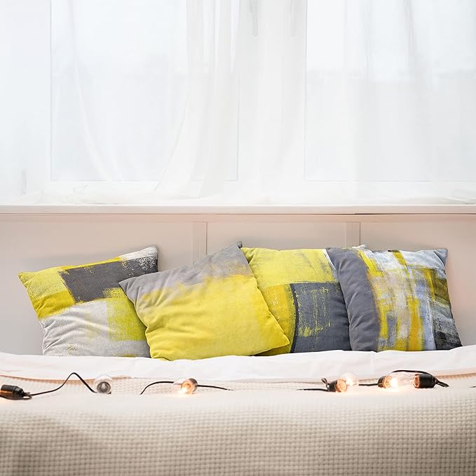 Ambesonne Modern Throw Pillow Cushion Case Pack of 4, Abstract Grunge Themed Geometric Squares with Paintbrush Stroke Effect Ornament, Modern Accent Double-Sided Digital Printing, 16", Yellow Grey