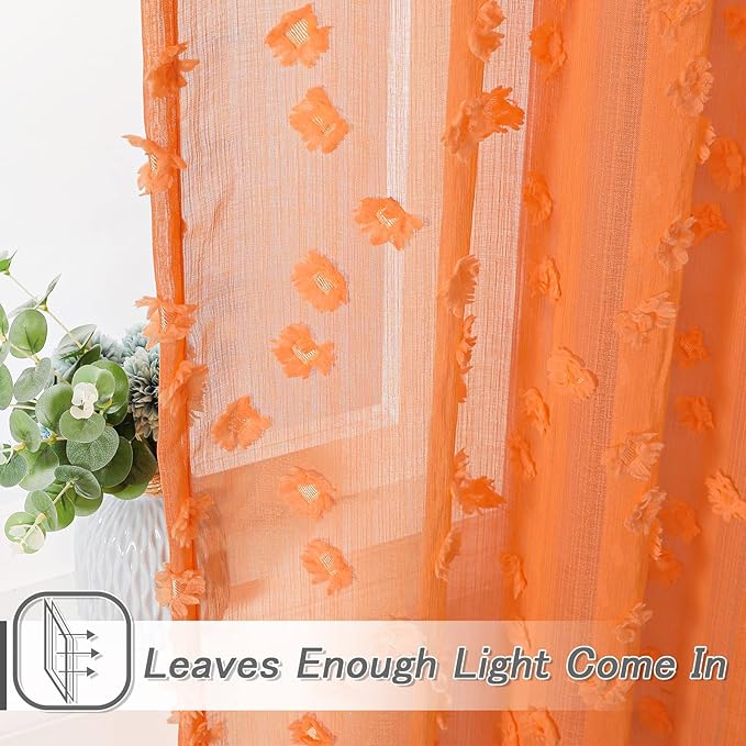 MYSKY HOME Pom Pom Orange Sheer Curtains for Bedroom Girls Room Curtains 72 Inches Long for Nursery Kids Light Filtering Boho Window Drapes, Rod Pocket, 52" Wide, 2 Panels