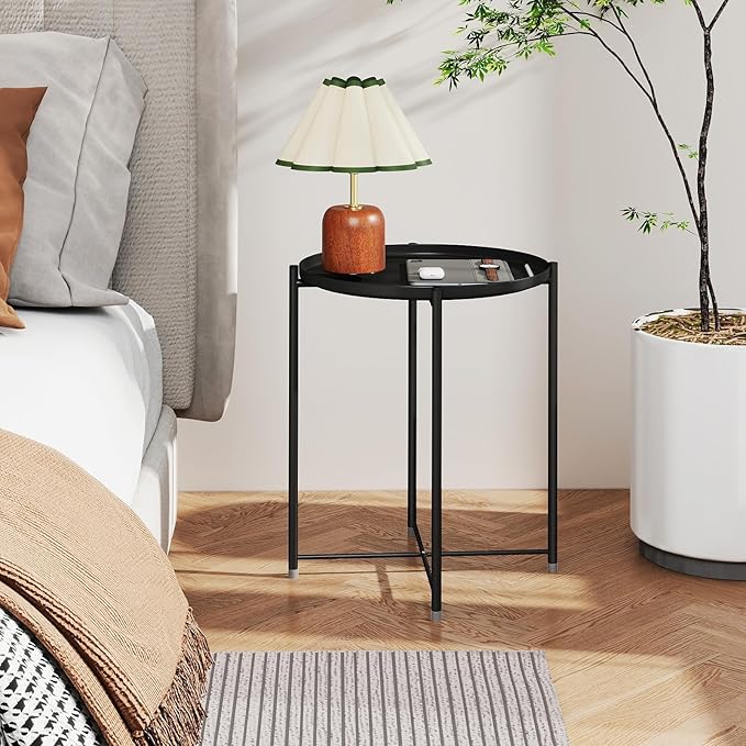 HollyHOME Round Metal Side Table, Outdoor Small Folding Accent Stand with Removable Tray, 17.72'' Portable End Table for Balconies, Gardens, Living Rooms and Bedrooms, Black
