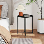HollyHOME Round Metal Side Table, Outdoor Small Folding Accent Stand with Removable Tray, 17.72'' Portable End Table for Balconies, Gardens, Living Rooms and Bedrooms, Black