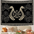 OSUNBD Nordic Vikings Tapestry, Large 8490 inches Soft Flannel, Vegvsir Symbol Twins Dragons Celtic Rune Scandinavian Aesthetic Mythology Tapestry Wall Hanging for Bedroom Living Room Decor