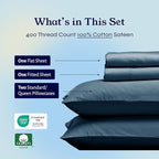 California Design Den Queen Sheet Set - Soft 400 Thread Count Sateen, Natural 100% Cotton Sheets for Queen Size Bed, Deep Pockets for a Snug Fit, Durable Bedding Set - Peacock Blue