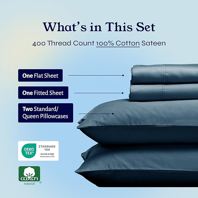 California Design Den Queen Sheet Set - Soft 400 Thread Count Sateen, Natural 100% Cotton Sheets for Queen Size Bed, Deep Pockets for a Snug Fit, Durable Bedding Set - Peacock Blue