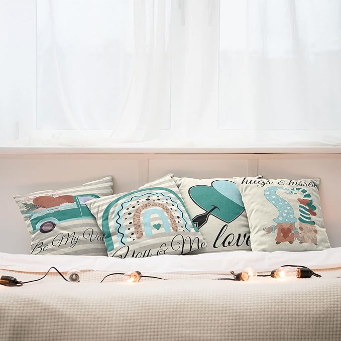Ambesonne Romantic Throw Pillow Cushion Case Pack of 4, Love Hearts Arrow You and Me Be My Valentine Hugs Kisses Lettering, Modern Accent Double-Sided Digital Printing, 18", Teal Ivory Pale Eggshell