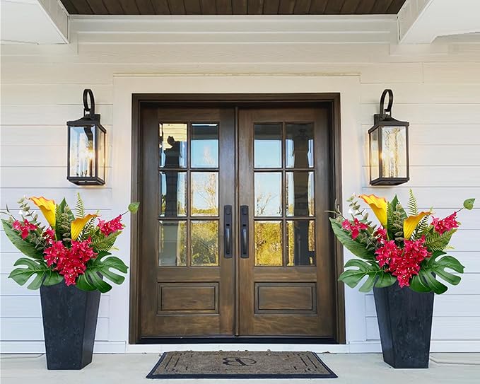 Artificial Tropical Bouquet Calla Lily Bougainvillea Flowers with Monstera Alocasia Fern Eucalyptus Greenery Stems for Home Office Hotel Table Vase Centerpieces Decor (Mixed Tropical Color)