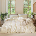 MooMee Bedding Duvet Cover Set 100% Washed Cotton Linen Like Textured Breathable Durable Soft Comfy (Solid Cream White, Palatial King/Oversized King 120"x98")