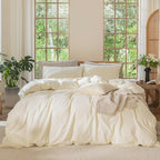 MooMee Bedding Duvet Cover Set 100% Washed Cotton Linen Like Textured Breathable Durable Soft Comfy (Solid Cream White, Super King 108"x98")