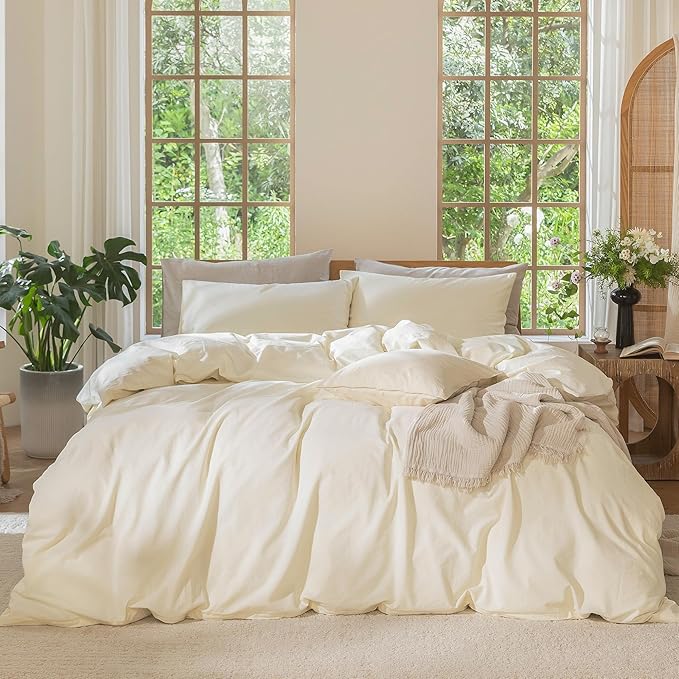 MooMee Bedding Duvet Cover Set 100% Washed Cotton Linen Like Textured Breathable Durable Soft Comfy (Solid Cream White, Super King 108"x98")