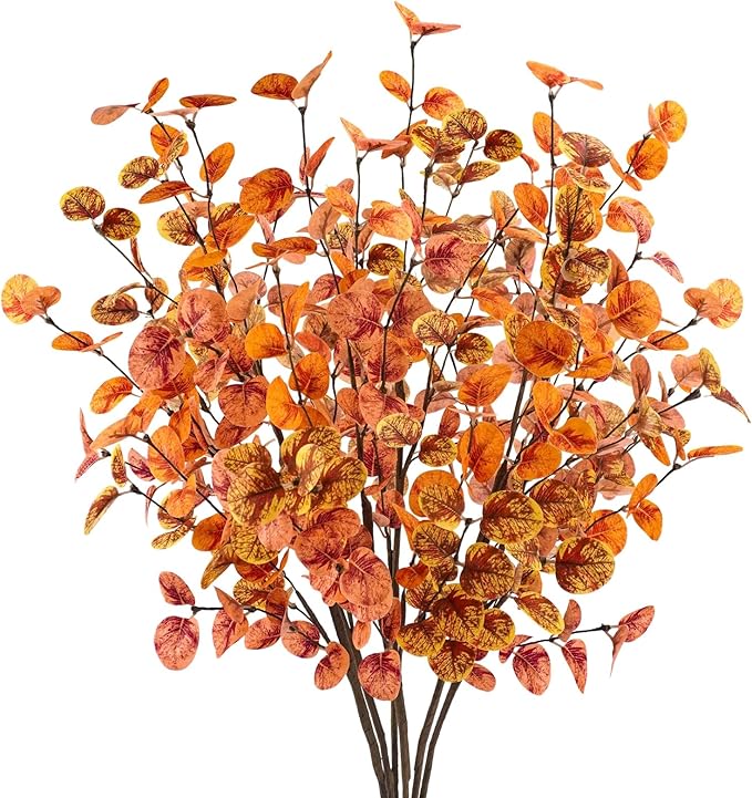 6pcs Artificial Fall Eucalyptus Leaves Stems 30" Faux Fall Leaf Fall Branches Autumn Decorations for Home Fall Floral Arrangements Farmhouse Table Centerpiece Decor