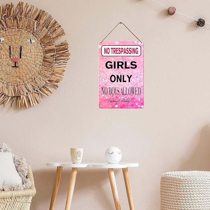 No Trespassing Girls Only Wood Sign, 8x12 Inch, No Boys Allowed Sign for Girl Cave