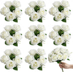 Artificial Roses Bouquets - 8 Bundles Fake Silk Flowers Realistic Faux Florals Bulk for Wedding Bridal Party Baby Shower Event Home Arrangements Centerpieces Decorations (White)