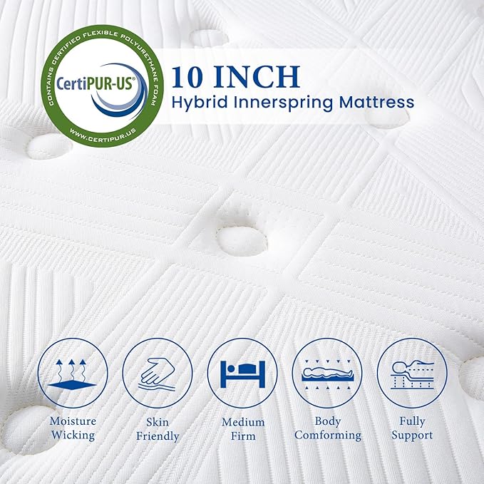 Coolvie 10 Inch Queen Mattresses, Queen Size Hybrid Mattress Built in Pocketed Coils and Gel Memory Foam Layer, Low Motion Transfer & Breathable Bed in A Box