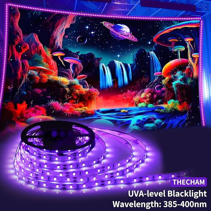 40ft Black Light Strip with Remote, 720 LED Lamp Beads, 12V Flexible Lights for Glow Party, Dimmable, Delay Off, 3 Light Modes, Indoor Fluorescent Party, Stage Lighting