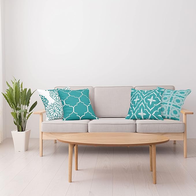 Ambesonne Vintage Throw Pillow Cushion Case Pack of 4, Monochrome Design Grid Trellis Quatrefoil Mesh and Dahlia Flowers Modern Print, Modern Accent Double-Sided Digital Printing, 24", Teal and White