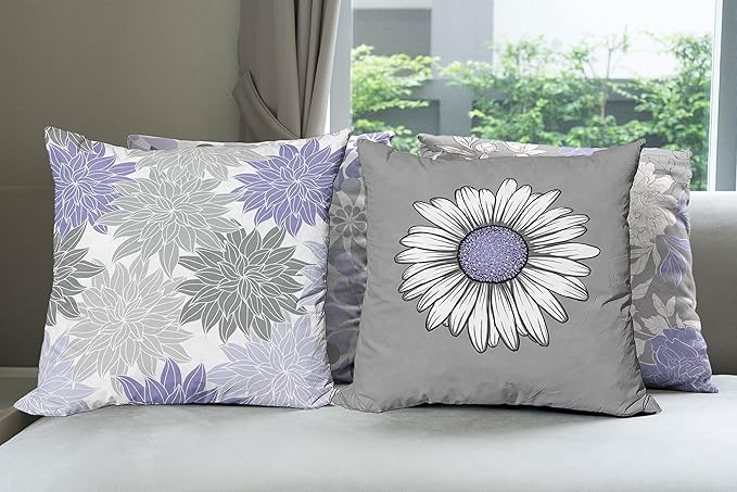 Ambesonne Floral Throw Pillow Cushion Case Pack of 4, Flower Petals Modern Color Palette Chamomile Peony Dahlia and Sunflower Print, Modern Accent Double-Sided Digital Printing, 20", Lavender and Grey