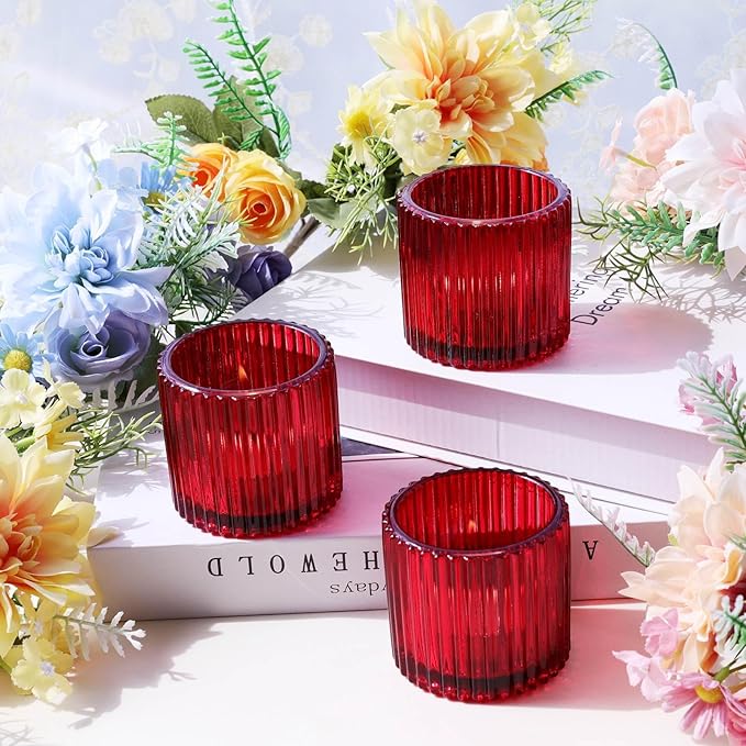 VOHO Red Votive Candle Holders for Christmas Valentines Day Decoration, Vintage Ribbed Tea Lights Candle Holder for Wedding, 6pcs Large Tealight Candle Holder for Votives Tea Lights(2.75'' x 2.56'')