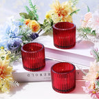 VOHO Red Votive Candle Holders for Christmas Valentines Day Decoration, Vintage Ribbed Tea Lights Candle Holder for Wedding, 6pcs Large Tealight Candle Holder for Votives Tea Lights(2.75'' x 2.56'')