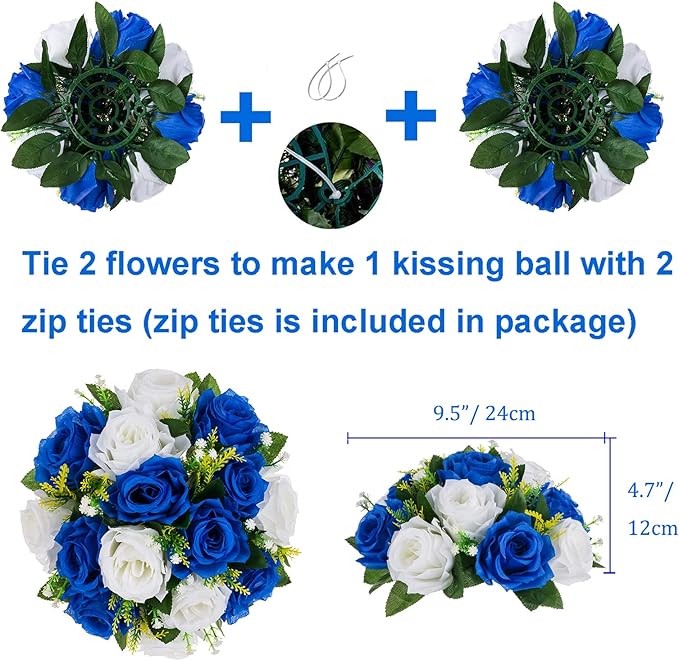 BLOSMON Blue Flowers Artificial for Decoration: 2 Pcs Fake Roses Flower Balls Centerpiece for Wedding Table - Silk Kissing Bouquet with Base Floral Arrangement for Home Party Event Decor