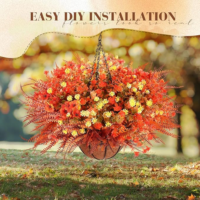 3 Set Artificial Fake Fall Hanging Flowers Plants Basket Outdoors Faux Hanging Baskets with Fall Flowers UV Resistant for Outside Yard Patio Garden Balcony Patio Porch Autumn Decor