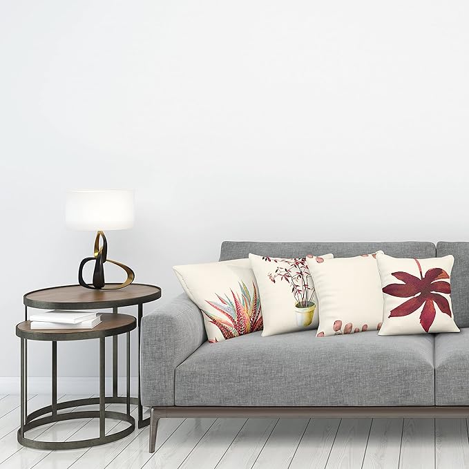 Ambesonne Botanical Throw Pillow Cushion Case Pack of 4, Minimalist Watercolor Painting Leaves Agave Branches Plant in a Pot, Modern Accent Double-Sided Digital Printing, 24", Raspberry Dark Salmon