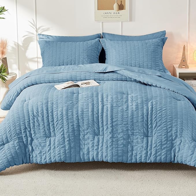 HYMOKEGE Mineral Blue King Size Comforter Set Seersucker 7 Pieces, All Season Luxury Bed in a Bag for Bedroom, Bedding Set with Comforter, Sheets, Pillowcases & Shams