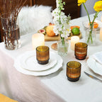 DEVI 8pcs Ribbed Amber Votive Candle Holder for Boho Wedding Decor, Amber Glass Candle Holder for Tea Lights, Vintage Boho Party Home able Decorations, Boho Fall Centerpiece Table Decorations,