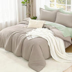 Litanika Oatmeal Comforter Full Size, 3 Pieces Lightweight Solid Bedding Comforter Set, All Season Fluffy Bed Set (79x90In Comforter & 2 Pillowcases)