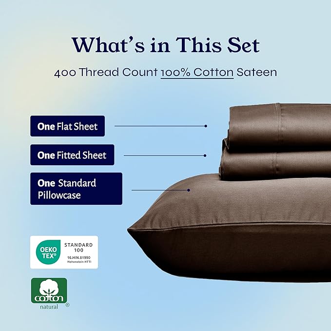California Design Den Twin Sheets Set - Soft 400 Thread Count Sateen, Natural 100% Cotton Twin Bed Sheets with Deep Pockets, Cooling and Durable Bedding Set - Espresso Chocolate Brown