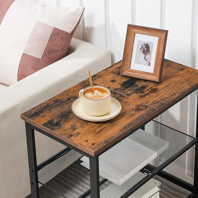 HOOBRO End Table, 3-Tier Narrow Side Table, Nightstand with 2 Flat or Slant Adjustable Shelves for Small Spaces, Hallway, Living Room, Bedroom, Sturdy, Easy Assembly, Rustic Brown and Black BF23BZ01G1