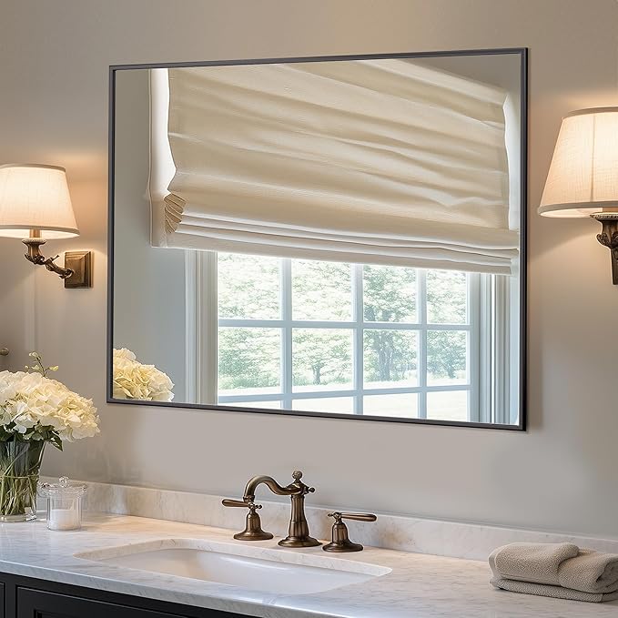 Antok Bathroom Mirror,40"x32" Wall Mirror, Decorative Mirrors Vanity Mirror Aluminum Alloy Frame Contemporary Hanging Mirror for Living Room Bathroom Entryway,Black,Rect Corner