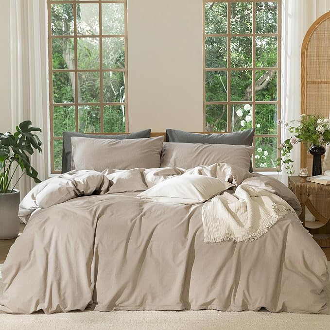 MooMee Bedding Duvet Cover Set 100% Washed Cotton Linen Like Textured Breathable Durable Soft Comfy (Heathered Taupe, Cal King 104"x98")