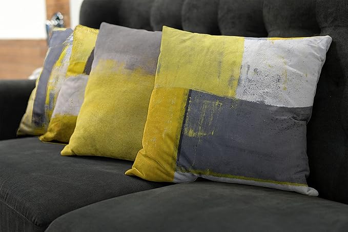 Ambesonne Modern Throw Pillow Cushion Case Pack of 4, Abstract Grunge Themed Geometric Squares with Paintbrush Stroke Effect Ornament, Modern Accent Double-Sided Digital Printing, 16", Yellow Grey