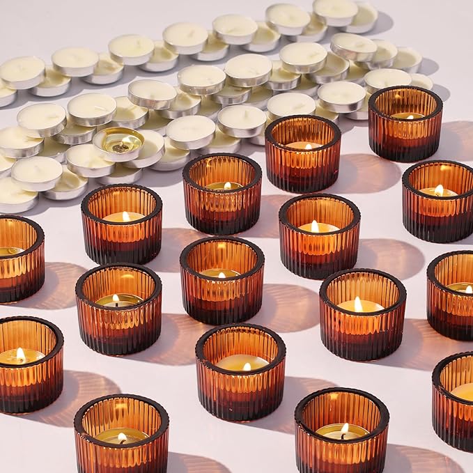 30Pcs Ribbed Amber Votive Candle Holders for Table Centerpiece, Amber Tea Light Candle Holders with 32pcs Tea Light Candles for Wedding Decor, Home Decor and Party Decor