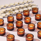 30Pcs Ribbed Amber Votive Candle Holders for Table Centerpiece, Amber Tea Light Candle Holders with 32pcs Tea Light Candles for Wedding Decor, Home Decor and Party Decor