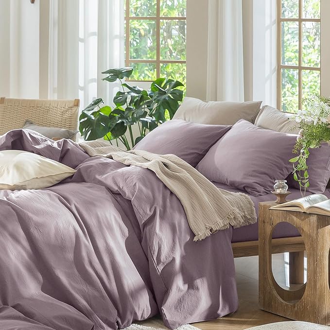 MooMee Bedding Duvet Cover Set 100% Washed Cotton Linen Like Textured Breathable Durable Soft Comfy (Solid Taro Purple, Oversized King Plus 128"x120")