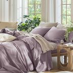 MooMee Bedding Duvet Cover Set 100% Washed Cotton Linen Like Textured Breathable Durable Soft Comfy (Solid Taro Purple, Super King 108"x98")