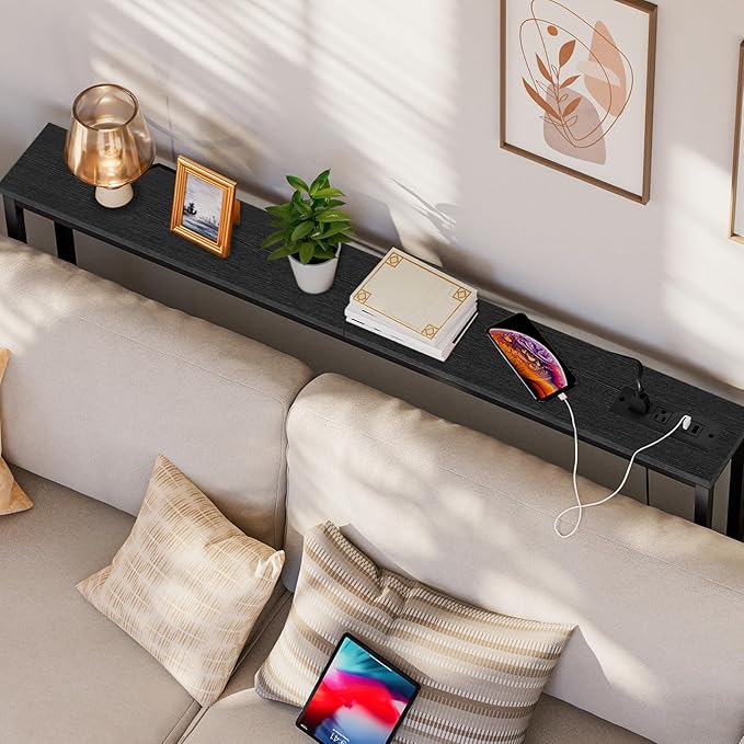 HOOBRO 2 Pack 47.2" Narrow Console Table with Power Outlets, 5.9" Behind Couch Table with Charging Station, Extra Long Sofa Table, Skinny Entryway Table for Living Room, Hallway, Black BB15XGP201G1