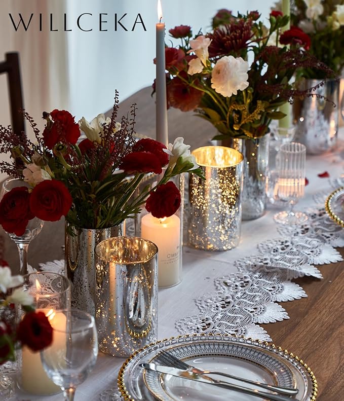 Silver Cylinder Vases for Centerpieces, Modern Glass Vase Set of 12 Decorative Hurricane Candle Holder for Pillar Candle Holders Flowers for Table Centerpiece, Sliver