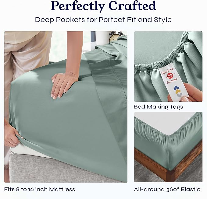 California Design Den Queen Sheet Set - Soft 400 Thread Count Sateen, Natural 100% Cotton Sheets, Deep Pockets with All Around Elastic for a Snug Fit, Cool & Durable Bedding Set - Sage Green