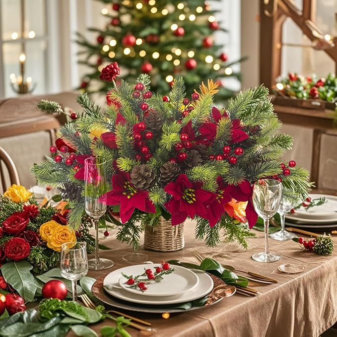 8PCS Artificial Flowers Bouquet Christmas Floral Pine Cones Red Fake Berry Picks Stems Holly Holiday Floral Picks for Xmas Tree Party Decoration DIY Indoor Table Centerpieces