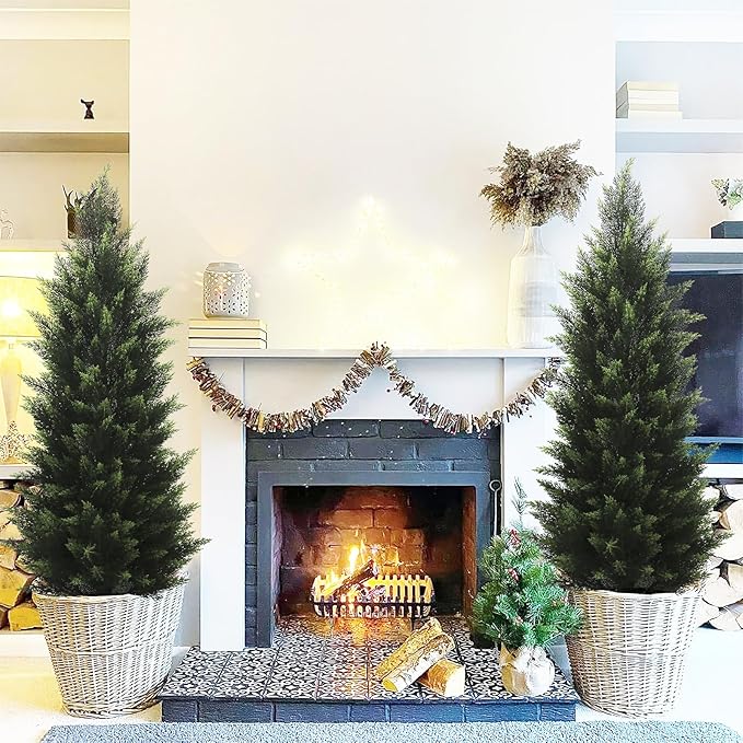 4FT Artificial Cedar Topiary Tree Lifelike Faux Cedar Pines Christmas Trees UV Rated Faux Shrubs Everygreen Plants for Front Porch Outdoor Decor Set of 2