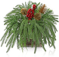 Artificial Christmas Norfolk Pine Arrangement with Red Berries and Pinecones 10 Inch Holiday Table Centerpiece in Rustic Wooden Box Faux Tabletop Arrangement for Home Mantel Xmas Dining Table Decor