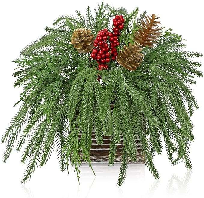 Artificial Christmas Norfolk Pine Arrangement with Red Berries and Pinecones 10 Inch Holiday Table Centerpiece in Rustic Wooden Box Faux Tabletop Arrangement for Home Mantel Xmas Dining Table Decor