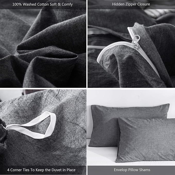 MooMee Bedding Duvet Cover Set 100% Washed Cotton Linen Like Textured Breathable Durable Soft Comfy (Heathered Dark Grey, Super King Plus 120"x120")