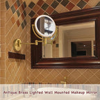 Antique Brass Rechargeable Wall Mounted Makeup Mirror Magnifying, 1X/10X Magnifying Mirror for Bathroom, 8 Inch 2 Sided 360 Swivel Extendable Arm Vanity Shaving Mirror for Bathroom