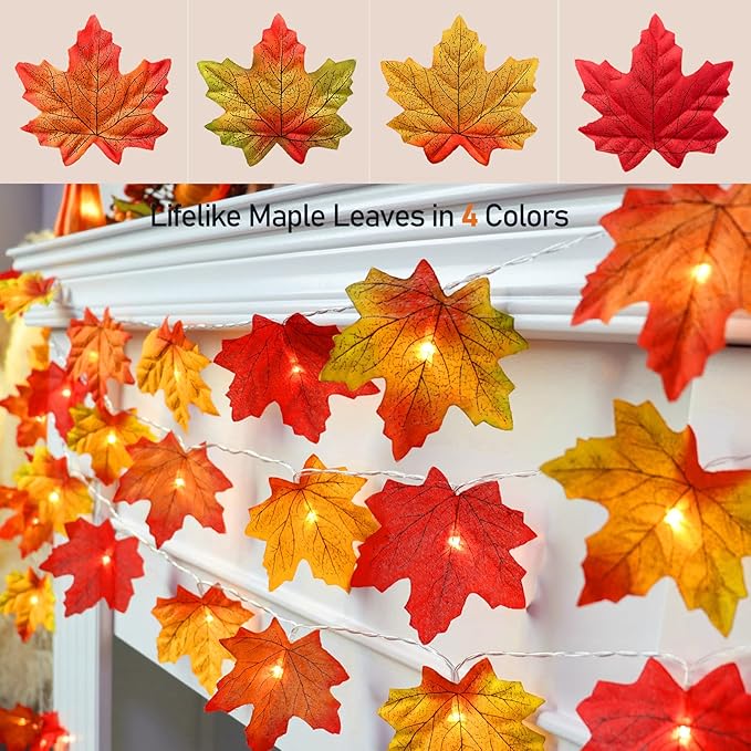4 Pack Thanksgiving Decorations Maple Leaf Pumpkin Lights, Total 40Ft 80 LED Battery Operated 3D Pumpkin Fall Leaves Garland String Lights for Home Mantel Table Porch Door Indoor Outdoor Fall Decor